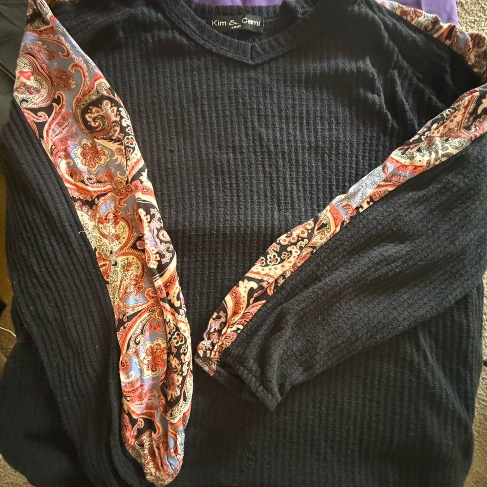 Kim & Cami Black Sweater with Paisley Sleeves
